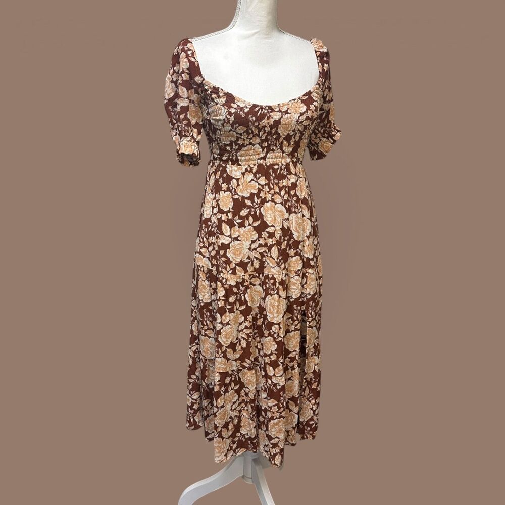 Abercrombie Floral Midi Dress XXSP Petite Brown Puff Sleeve Smocked